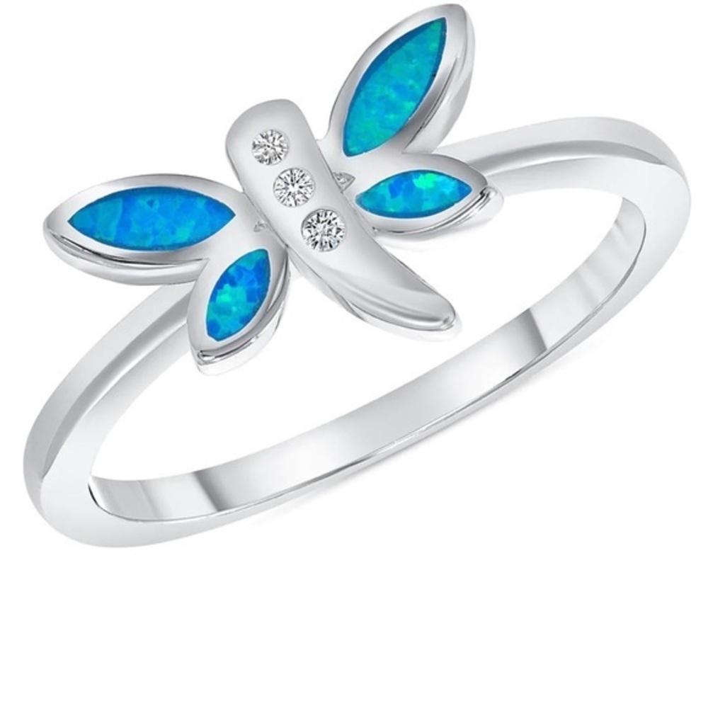 Silver 925 Rhodium Plated Ladies Dragonfly Opal Ring sizes 6 7 8 9